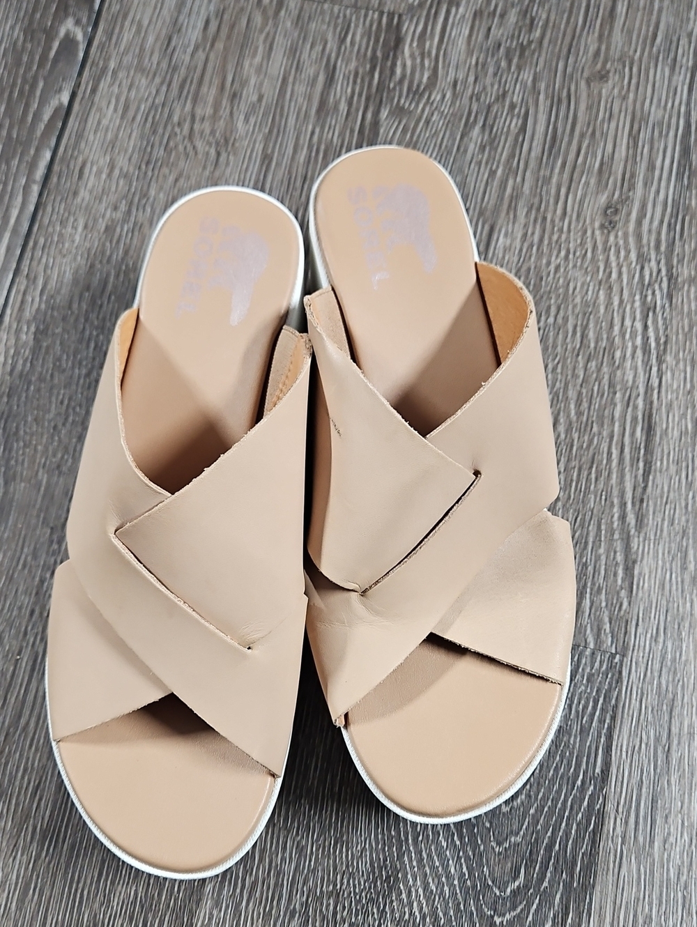 Sorel Beige Crisscross Slide Sandals